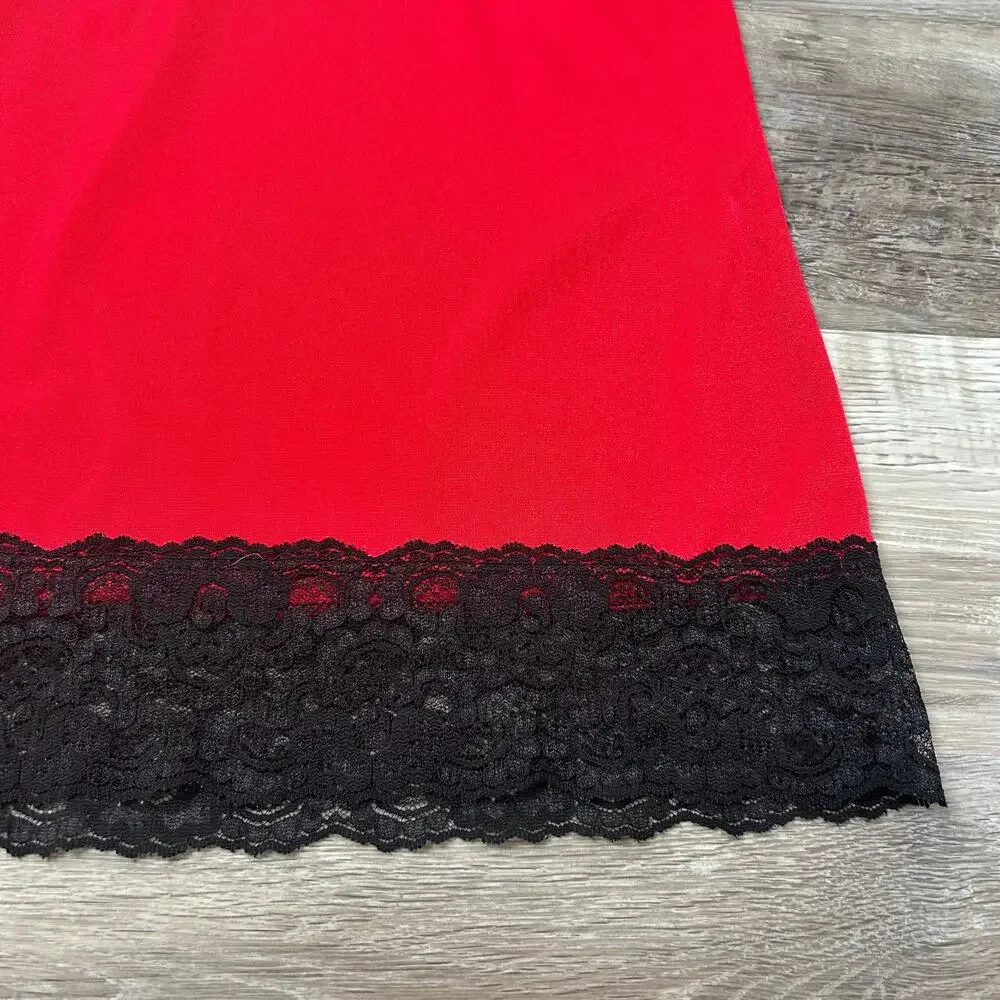 Vintage 90s Avon Red Satin Slip Dress Black Lace Mini Small - Picture 5 of 6